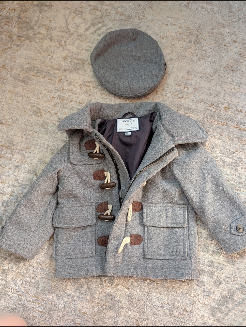 Children's Gray Wool-Blend Toggle Coat with Matching Cap
